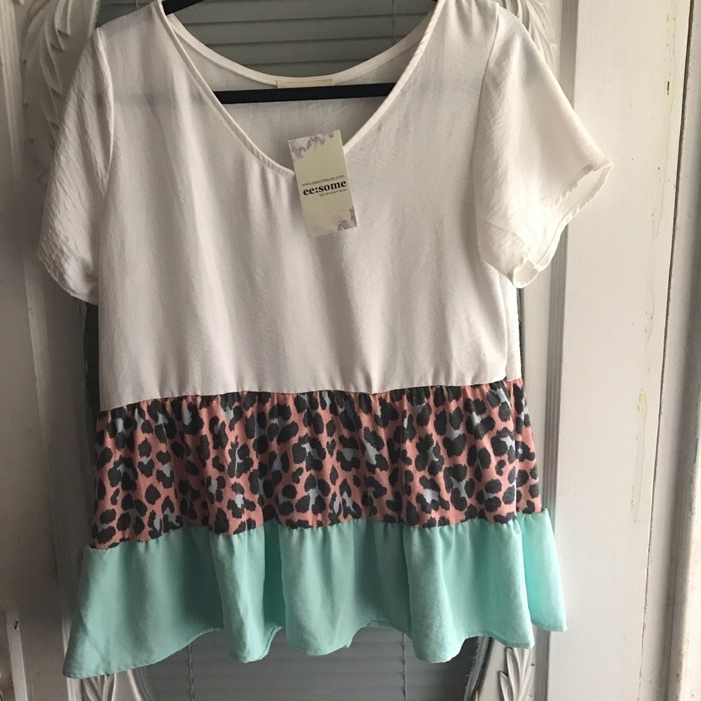 Color Block Leopard Aqua White Swing Style Top
